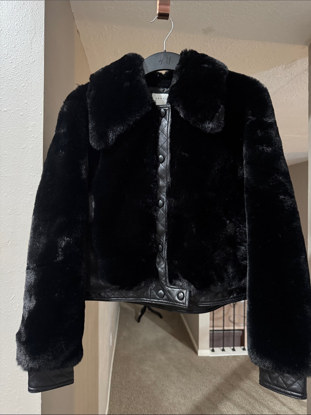 Sandro Black Faux Fur Jacket with Quilted Trim